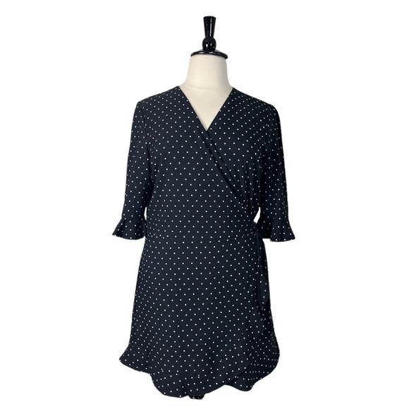 LOFT Wrap Dress 3/4 Flare Sleeve Ruffle Hem Black White Polka Dot Women’s 16 - Picture 1 of 16